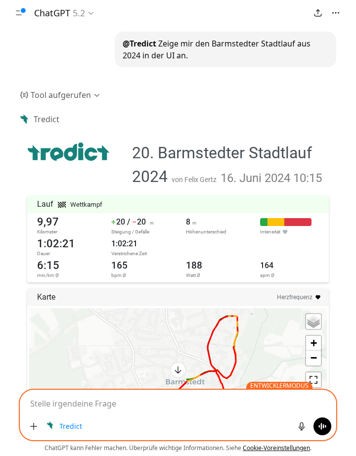 Tredict MCP App in ChatGPT zeigt eine Laufaktivität.