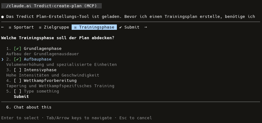 In Claude Code wird ein Trainingsplan für das Laufen in Tredict erstellt.