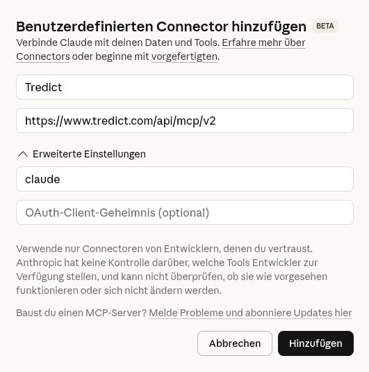 Tredict MCP-Konnektor in Claude Web hinzufügen.