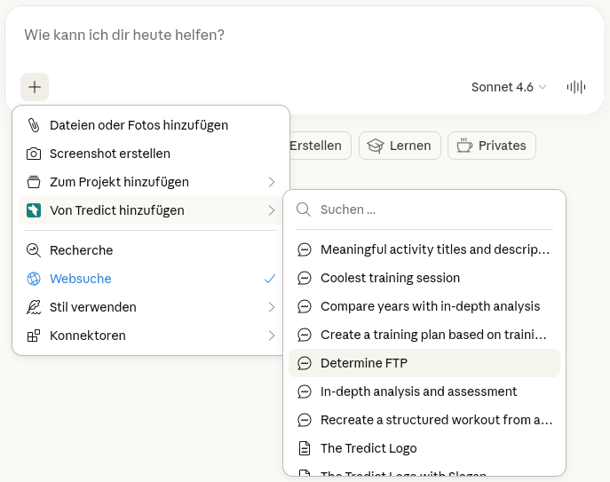 Tredict MCP-Konnektor in Claude Web auswählen.
