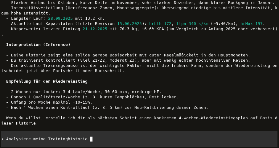 In der Codex CLI wird die Trainingshistorie aus Tredict analysiert.