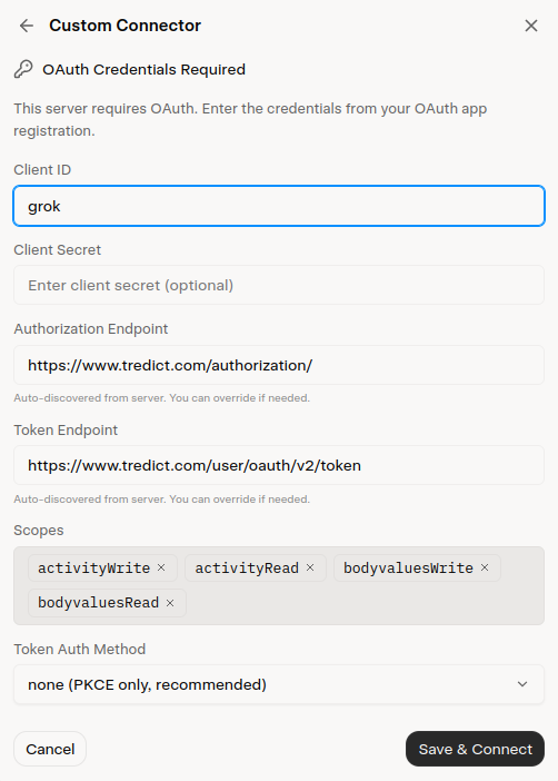 OAuth-Credentials für den Tredict-Konnektor in Grok eintragen.