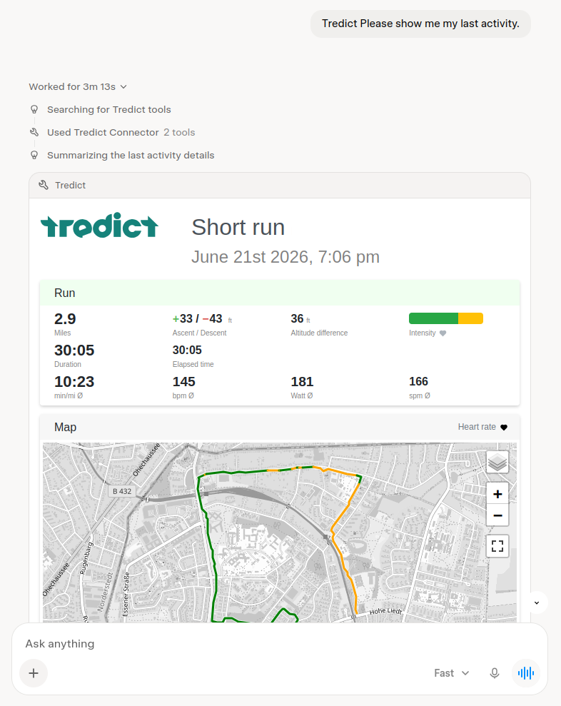 Grok zeigt eine Aktivität in der interaktiven Tredict MCP App im Chatverlauf.