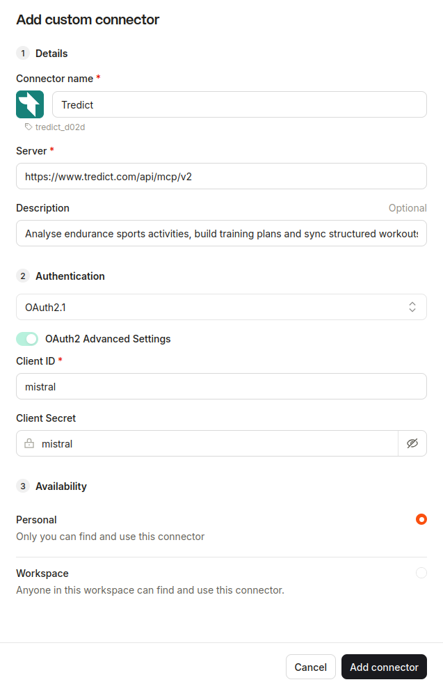 Benutzerdefinierten OAuth-Konnektor für Tredict in Mistral Vibe Chat einrichten.