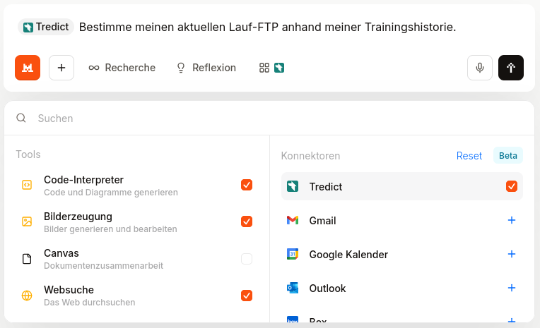 Tredict MCP-Konnektor in Mistral Le Chat auswählen.