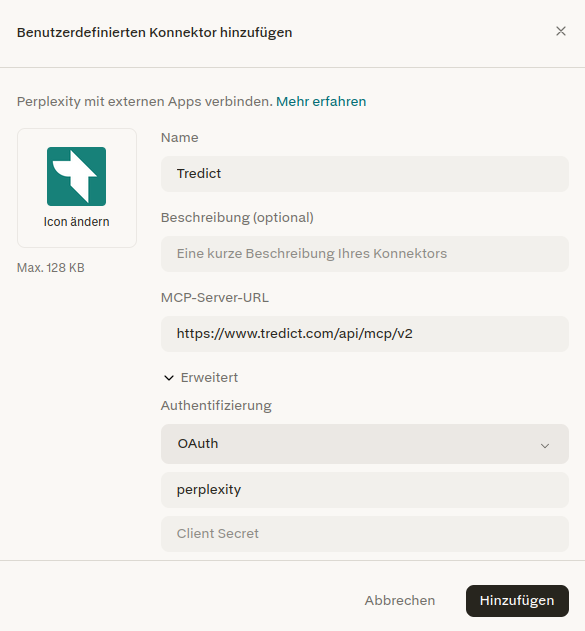 Tredict MCP-Konnektor in Perplexity hinzufügen.