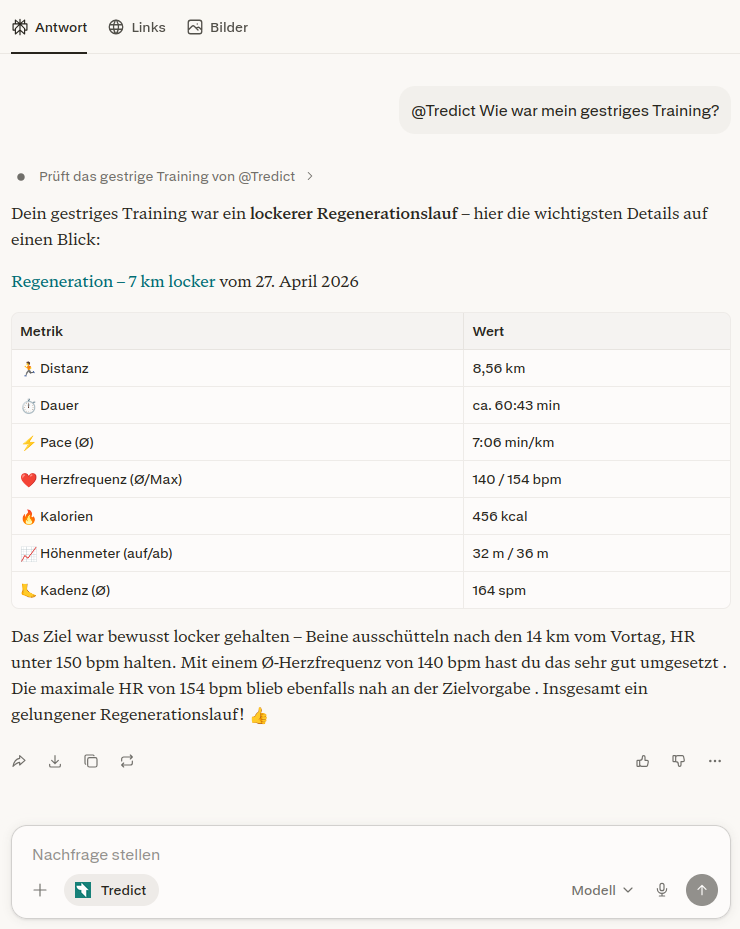 Perplexity Antwort mit Tredict MCP-Konnektor.