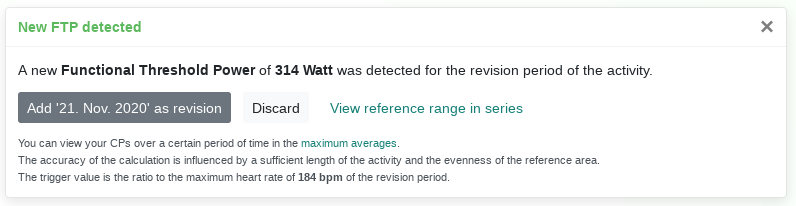 A new FTP was detected. With a maximum heart rate of 184bpm as reference.