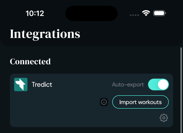Watchletic Integrations-Ansicht mit aktiver Tredict-Verbindung, Auto-Export und Workout-Import.