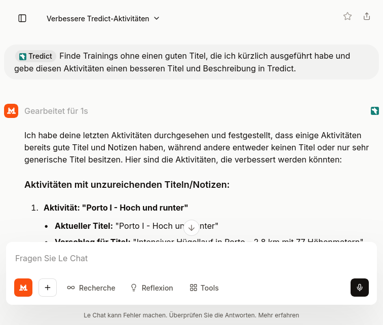 Mistral Le Chat bestimmt bessere Titel für die Trainingsaktivitäten in Tredict.