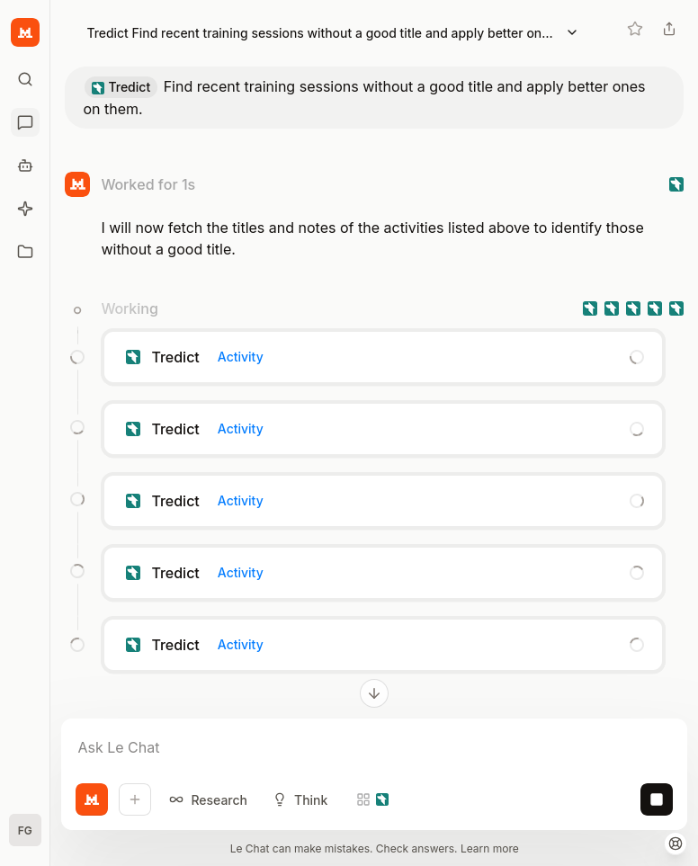 Mistral Vibe Chat bestimmt bessere Titel für die Trainingsaktivitäten in Tredict.